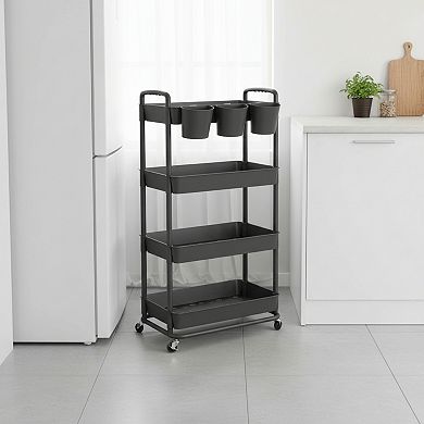 4-tier Plastic Rolling Storage Cart with Hanging Cups Handles Lockable Wheels Organizer