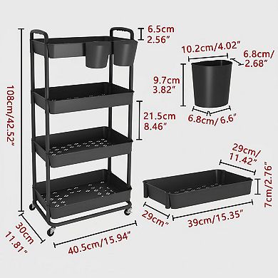 4-tier Plastic Rolling Storage Cart with Hanging Cups Handles Lockable Wheels Organizer
