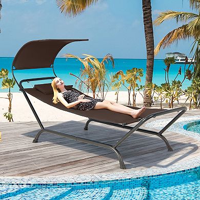 Costway Patio Hanging Chaise Lounge Chair with Canopy, Cushion, Pillow & Storage Bag