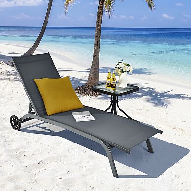 Costway Patio Lounge Chair Chaise Adjustable Back Recliner Garden W/Wheel