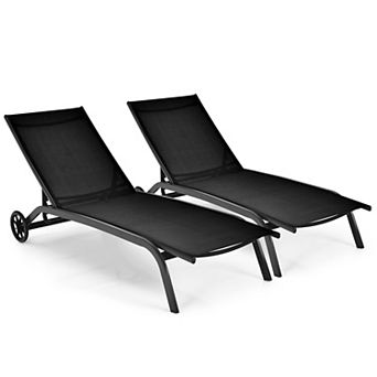 Costway 2 pc Patio Lounge Chair Chaise Adjustable Back Recliner W/Wheels