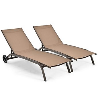 Costway 2 pc Patio Lounge Chair Chaise Adjustable Back Recliner W/Wheels