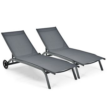 Costway 2 pc Patio Lounge Chair Chaise Adjustable Back Recliner W/Wheels