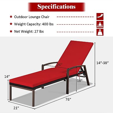Costway Patio Rattan Lounge Chair Chaise Recliner Back Adjustable w/Cushion