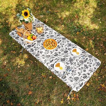 Picnic Table Cover Fitted Elastic 6ft Black Flower 3 pc Set 30x72 Inch Patio Table