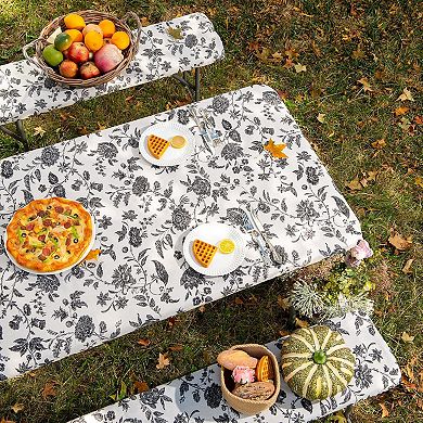 Picnic Table Cover Fitted Elastic 6ft Black Flower 3PCS Set 30x72 Inch Patio Table