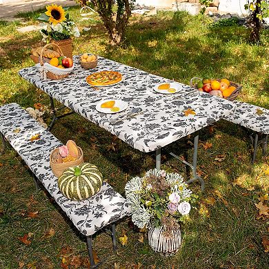 Picnic Table Cover Fitted Elastic 6ft Black Flower 3PCS Set 30x72 Inch Patio Table