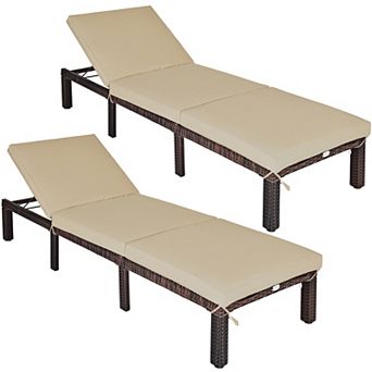 Costway 2 pc Outdoor Rattan Lounge Chair Chaise Recliner Adjustable Cushioned Patio