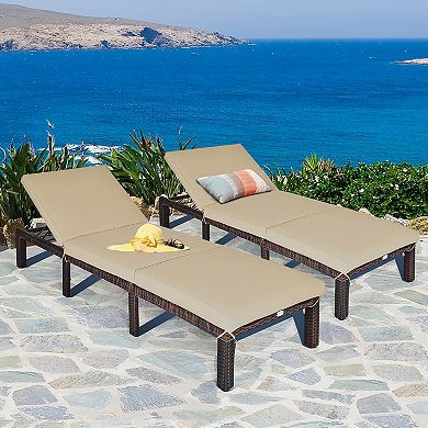 Costway 2PCS Outdoor Rattan Lounge Chair Chaise Recliner Adjustable Cushioned Patio