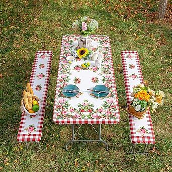 Picnic Table Cover Fitted Elastic 6ft Red Rose 3 pc Set 30x72 + 2x12x72 Inch
