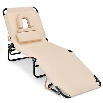 Costway Beach Chaise Lounge Chair with Face Hole Pillows & 5-Position Adjustable Backrest