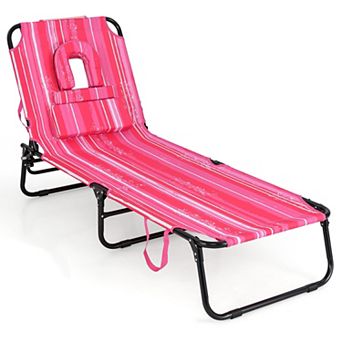 Costway Beach Chaise Lounge Chair with Face Hole Pillows & 5-Position Adjustable Backrest