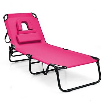 Costway Beach Chaise Lounge Chair with Face Hole Pillows & 5-Position Adjustable Backrest