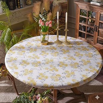 Round Table Cover Fitted Elastic Waterproof Vintage Yellow Flower 48" Round 31"-43" Table