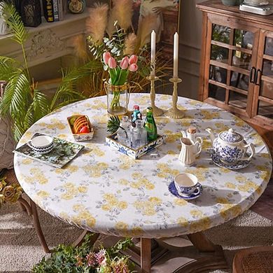 Round Table Cover Fitted Elastic Waterproof Vintage Yellow Flower 48" Round 31"-43" Table