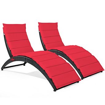 Costway 2 pc Folding Patio Rattan Lounge Chair Chaise Cushioned Portable Garden Lawn