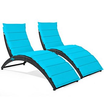 Costway 2 pc Folding Patio Rattan Lounge Chair Chaise Cushioned Portable Garden Lawn