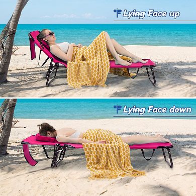 Costway 2 PCS Beach Chaise Lounge Chair with Face Hole Pillows & Adjustable Backrest