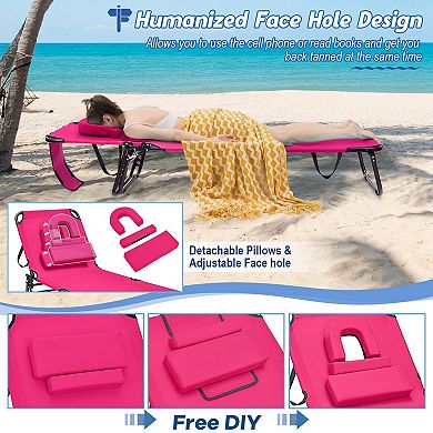 Costway 2 PCS Beach Chaise Lounge Chair with Face Hole Pillows & Adjustable Backrest