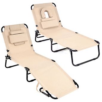 Costway 2 pc Beach Chaise Lounge Chair with Face Hole Pillows & Adjustable Backrest