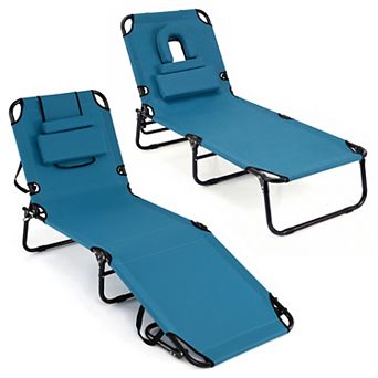 Costway 2 pc Beach Chaise Lounge Chair with Face Hole Pillows & Adjustable Backrest