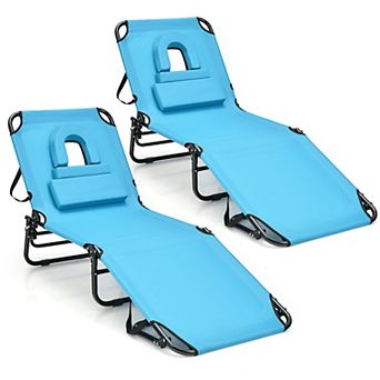 Costway 2 pc Beach Chaise Lounge Chair with Face Hole Pillows & Adjustable Backrest