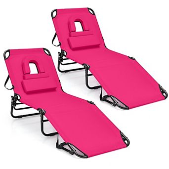 Costway 2 pc Beach Chaise Lounge Chair with Face Hole Pillows & Adjustable Backrest