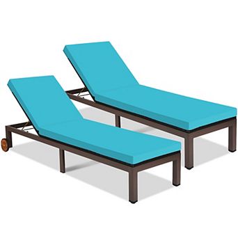 Costway 2 pc Patio Rattan Lounge Chair Chaise Recliner Back Adjustable W/Wheels Cushioned