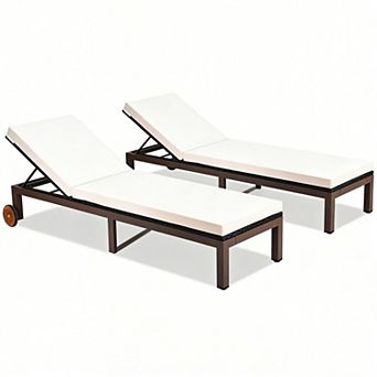 Costway 2 pc Patio Rattan Lounge Chair Chaise Recliner Back Adjustable W/Wheels Cushioned