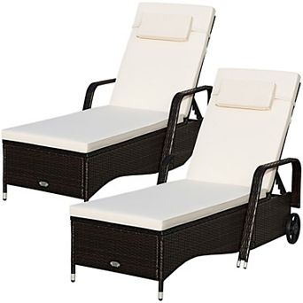 2 pc Patio Rattan Lounge Chair Chaise Adjustable Recliner Cushioned Sofa Garden