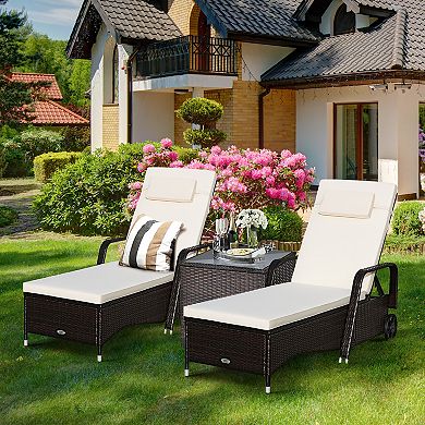 2PCS Patio Rattan Lounge Chair Chaise Adjustable Recliner Cushioned Sofa Garden