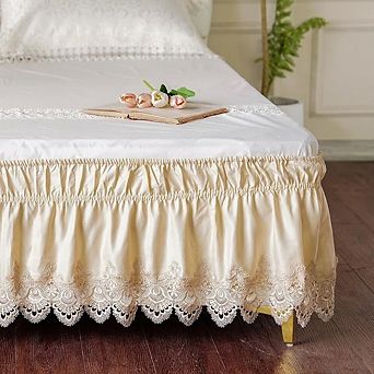 Gold Queen Lace Bed Skirt (60x80"), 15" Drop, Wrap Around Ruffled Design with Elastic Belts