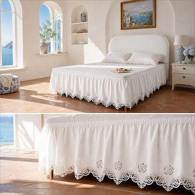 Lace Bed Skirt Wrap Around Ruffled Elastic 15" Drop Queen Offwhite