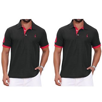 2 Packs Men's Pattern Pique Polo Shirt Contrast Color Short Sleeve Golf Polo Shirts