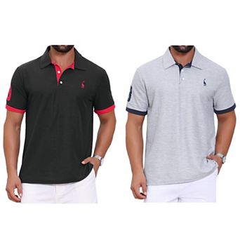 2 Packs Men's Pattern Pique Polo Shirt Contrast Color Short Sleeve Golf Polo Shirts