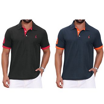 2 Packs Men's Pattern Pique Polo Shirt Contrast Color Short Sleeve Golf Polo Shirts