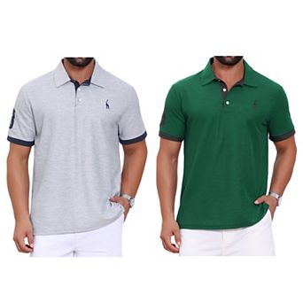 2 Packs Men's Pattern Pique Polo Shirt Contrast Color Short Sleeve Golf Polo Shirts