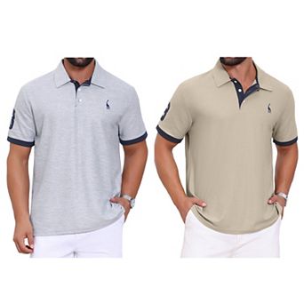 2 Packs Men's Pattern Pique Polo Shirt Contrast Color Short Sleeve Golf Polo Shirts