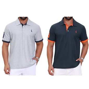 2 Packs Men's Pattern Pique Polo Shirt Contrast Color Short Sleeve Golf Polo Shirts