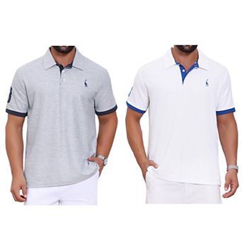 2 Packs Men's Pattern Pique Polo Shirt Contrast Color Short Sleeve Golf Polo Shirts