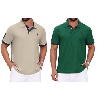 2 Packs Men's Pattern Pique Polo Shirt Contrast Color Short Sleeve Golf Polo Shirts