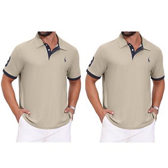 2 Packs Men's Pattern Pique Polo Shirt Contrast Color Short Sleeve Golf Polo Shirts