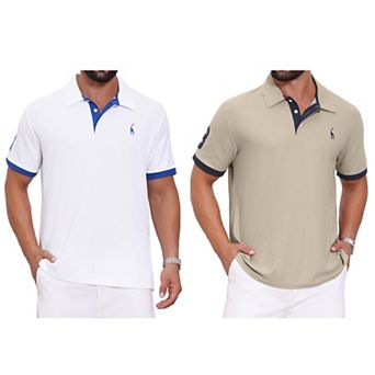 2 Packs Men's Pattern Pique Polo Shirt Contrast Color Short Sleeve Golf Polo Shirts