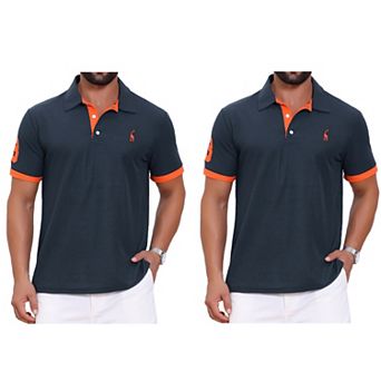 2 Packs Men's Pattern Pique Polo Shirt Contrast Color Short Sleeve Golf Polo Shirts