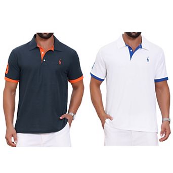2 Packs Men's Pattern Pique Polo Shirt Contrast Color Short Sleeve Golf Polo Shirts
