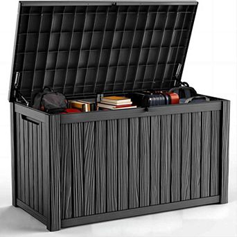 EFU 200 Gallon Weatherproof Deck Box, Lockable Resin Storage Container with Hydraulic Rods
