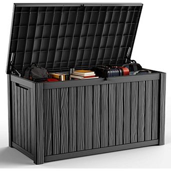EFU 150 Gallon Weatherproof Deck Box, Lockable Resin Storage Container with Hydraulic Rods