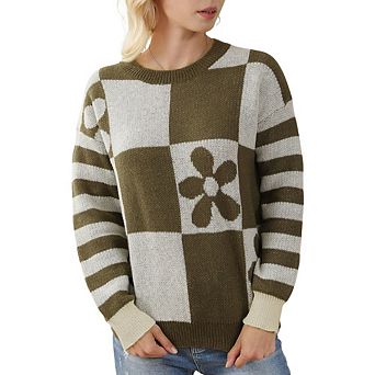 Checkered Floral Print Striped Sleeve Sweater