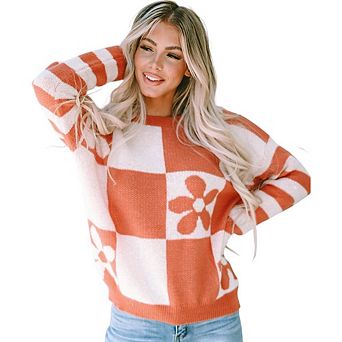 Checkered Floral Print Striped Sleeve Sweater