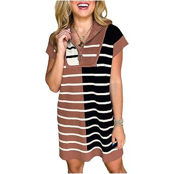 Stripe Color Block Quarter Zip Collar Short Sleeve Sweater Dress
